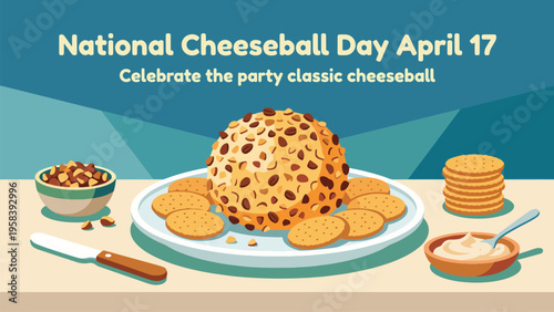 National Cheeseball Day April 17 Festive Snack Table with Crunchy Coated Cheese Ball Crackers and Dip Bowl Clean Flat Illustration for Party Food Celebration Design
