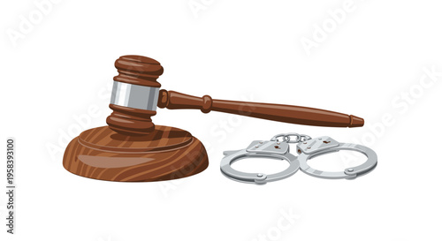 A wooden gavel and a pair of silver handcuffs are displayed side-by-side on a clean white surface.