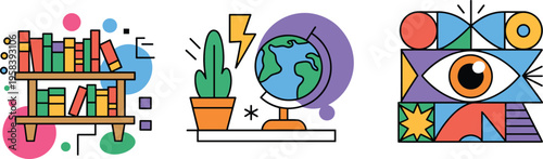 Modern colorful education and creativity icon set with bookshelf globe and abstract eye geometric flat vector illustration design collection