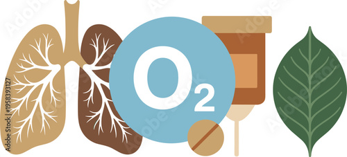 Oxygen therapy lungs illustration with O2 symbol IV drip medicine and herbal leaf respiratory healthcare flat vector design concept