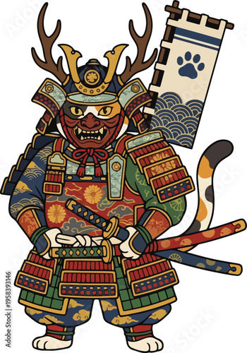 Illustration of a Cat Dressed as a Feudal Japanese Warrior in Full Samurai Armor with a Sword