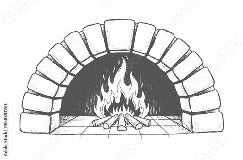 Of a stone arch fireplace with burning logs and flames