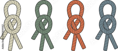 Rope knot set decorative loop knots different colors nautical binding technique vector illustration isolated design element collection