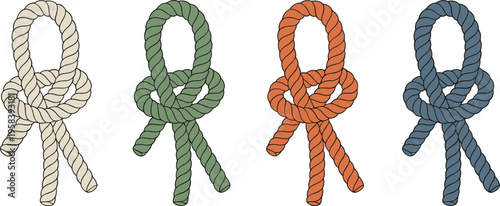 Rope knot variations set nautical loop knots different colors binding technique vector illustration isolated design element collection