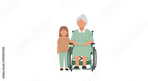 An elderly woman with grey hair sits in a green wheelchair beside a small child, both rendered in a flat style on a white background.