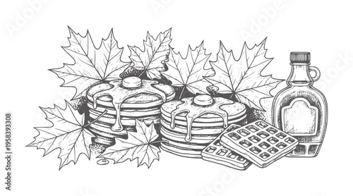 Stacked pancakes and waffles with maple syrup and autumn leaves leaf