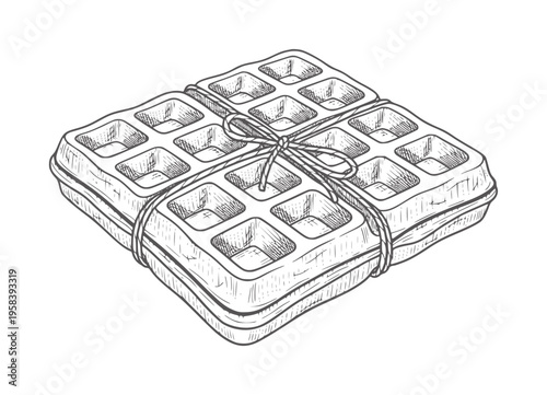 Stacked square waffles tied with a bow in a style food sweet breakfast dessert