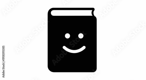 Black book with white smiley face graphic on clean plain background, flat icon view