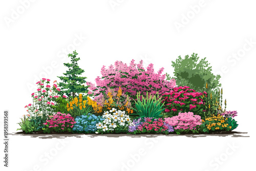 Colorful garden with diverse flowering shrubs and greenery