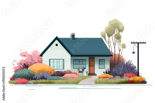 Charming suburban house with colorful garden and picturesque landscape