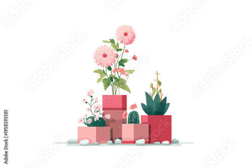 Floral arrangement with pink dahlias and succulents on geometric planters