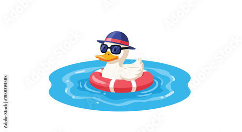 A cartoon duck wearing a hat and sunglasses floats in a red lifebuoy within a blue pool of water against a white background.