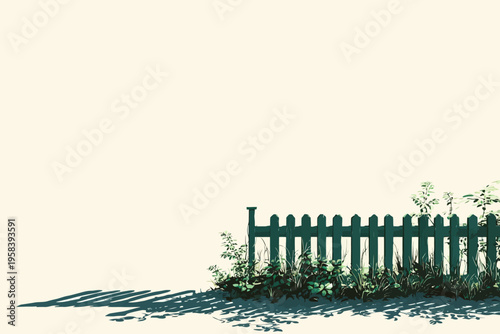 Minimalist green fence with shadow and wild grass on light background