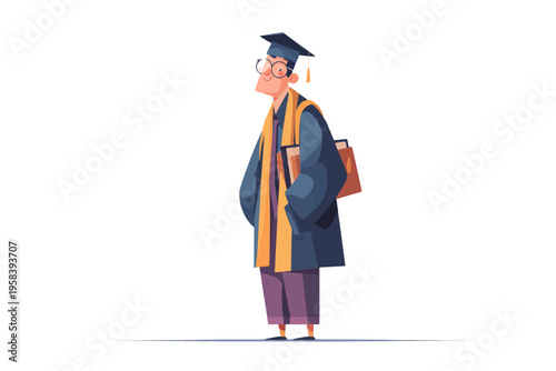 Elderly caucasian male graduate in cap and gown holding a book