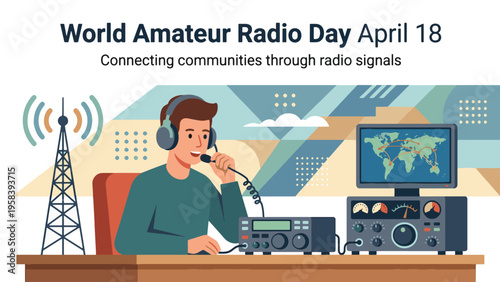 A man operating amateur radio equipment on World Amateur Radio Day, connecting communities through signals.