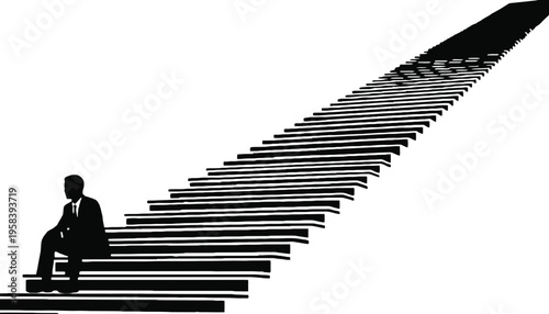 A businessman silhouette sitting on stairs with a long view ahead