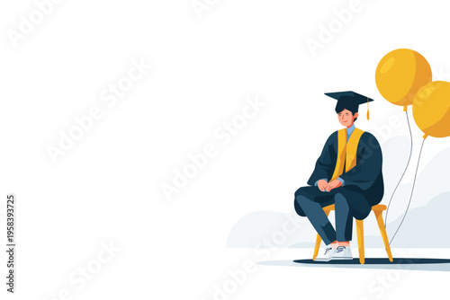Young caucasian male graduate in cap and gown with balloons