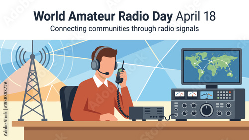 World Amateur Radio Day April 18 Connecting Communities Through Radio Signals Communication Illustration