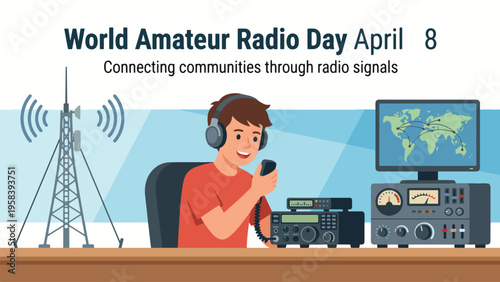 World Amateur Radio Day April 18 Technology Illustration, Young Operator Using Ham Radio Equipment, Wireless Communication and Global Connectivity Concept Flat Vector Design