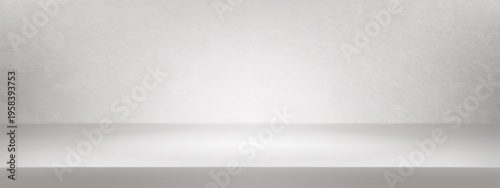 3d white limbo space with floor background. Ivory texture wall for neutral studio bg. Perspective cream countertop for cosmetic display. Blank grey scene with pedestal vector banner template