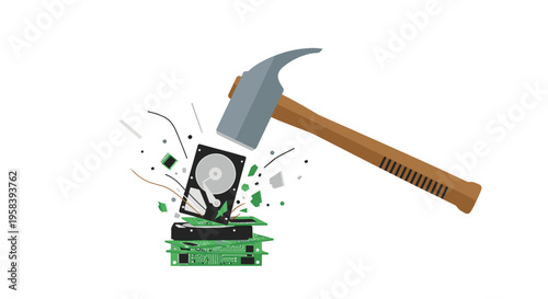 A large hammer smashes a computer hard drive and green circuit boards, causing debris to scatter.