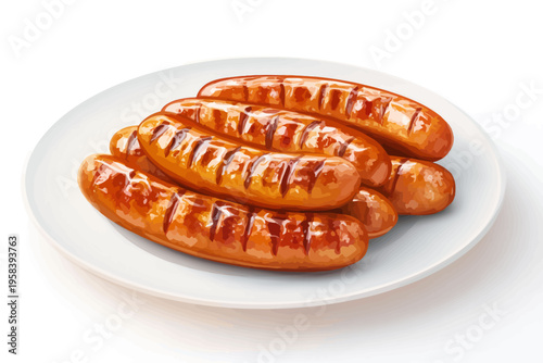Grilled sausages on a white plate with glazed surface