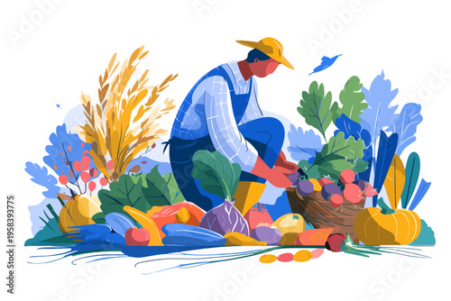 Male farmer harvesting vegetables in vibrant garden with abundant produce
