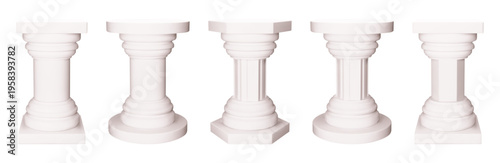 White pillar plinth podium. 3d hexagon stand mockup. Museum column with round pedestal. Ivory greek cylindrical marble model for studio. Blank gray exhibition sculpture set for showroom interior
