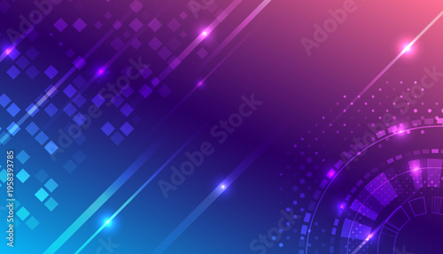 Abstract futuristic background with glowing squares, diagonal light streaks, and a digital HUD circle in purple-blue gradient, representing technology, data flow, and innovation.