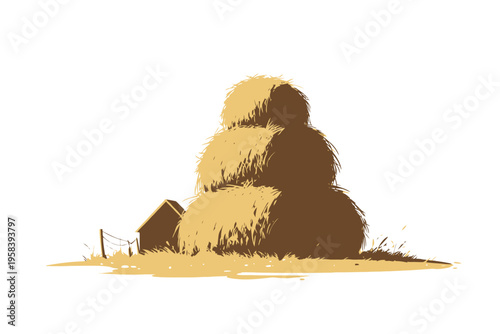 Rustic haystack and small shed on sunny countryside farm