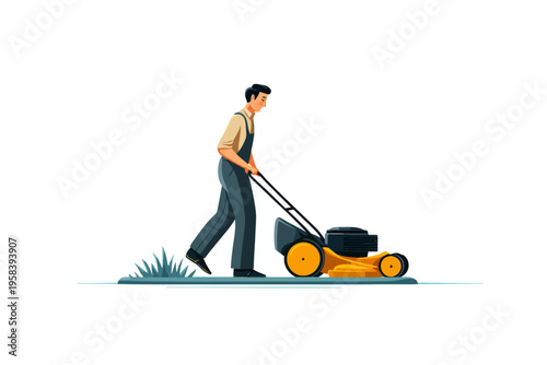 Young caucasian male mowing lawn with yellow lawnmower in overalls