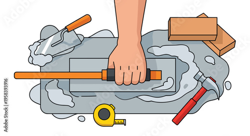 A hand uses a float to smooth wet cement surrounded by construction tools and bricks.