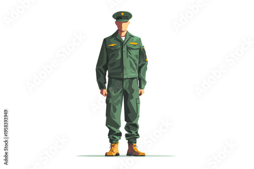 Young caucasian male soldier in green military uniform and cap