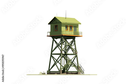 Remote green watchtower on sturdy metal structure with clear sky background