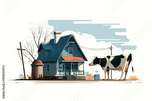 Rural scene: cow and milk can near cozy farmhouse