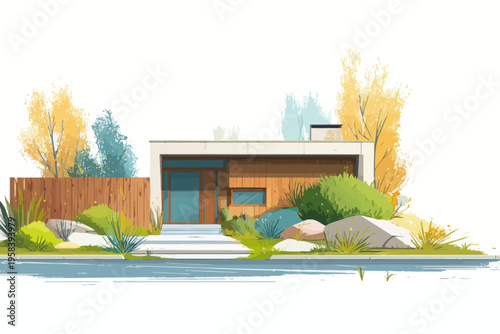 Modern single-story house with wooden facade and lush landscaping