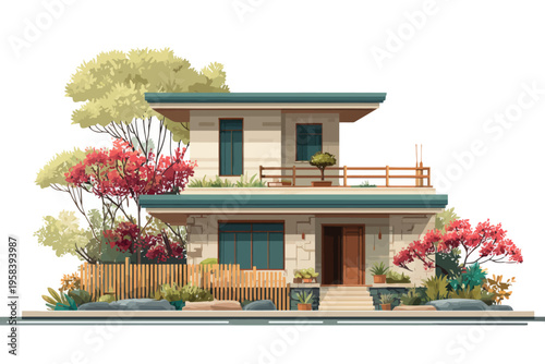 Modern two-story house with lush garden and contemporary design elements