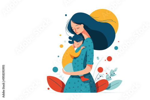 Loving embrace of young caucasian mother and child in colorful abstract illustration