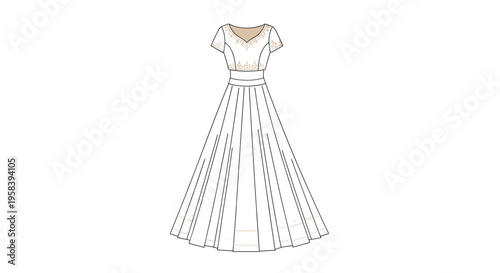 An elegant long white dress with short sleeves and embroidered details on the bodice and a pleated skirt is displayed on a white background.