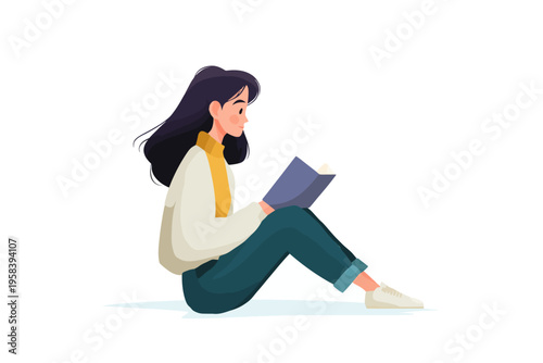 Young adult asian female reading book on white background in casual outfit