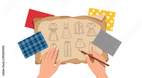 Two hands are sketching clothing designs on crumpled brown paper surrounded by colorful fabric swatches on a white background.