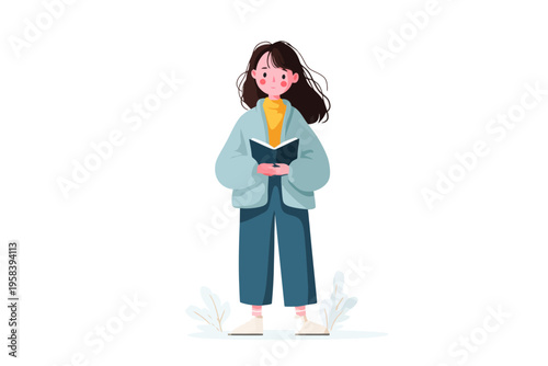 Young caucasian female teen reading a book in casual outfit