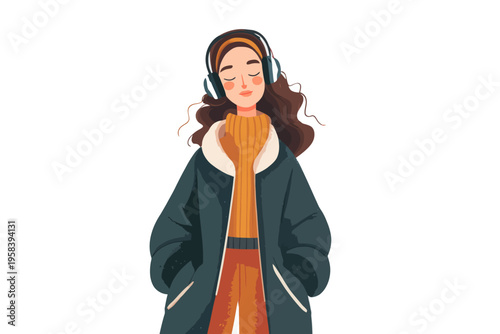 Young hispanic female listening to music with headphones in cozy winter outfit