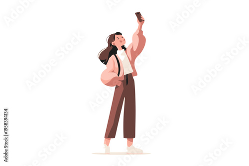 Young caucasian female taking selfie with smartphone in stylish outfit