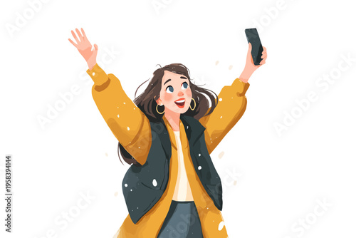 Joyful young caucasian female celebrating with smartphone outdoors in winter attire