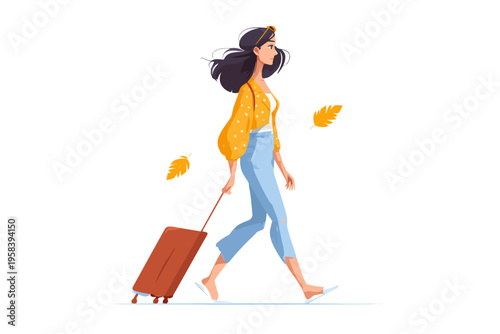 Stylish young female traveler with luggage in autumn outfit