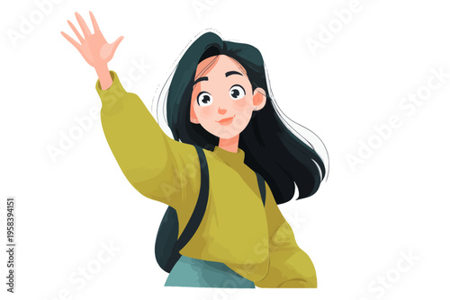 Smiling female teen cartoon waving with long black hair in green sweater