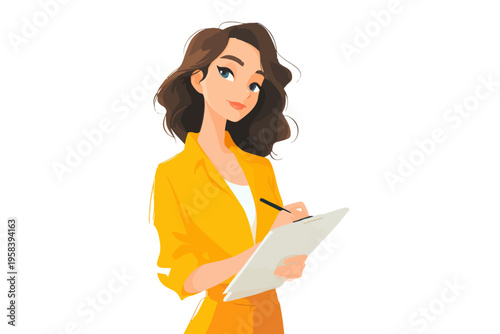 Confident young caucasian female writing on clipboard in yellow outfit
