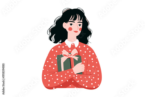 Young caucasian female holding gift box in polka dot sweater illustration