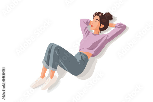 Relaxed young caucasian female in casual outfit with hands behind head